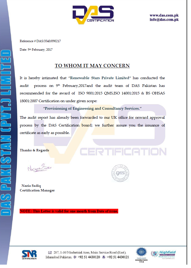 Recommendation Letter for Award of ISO 9001 QMS 14001 and OHSAS 18001
